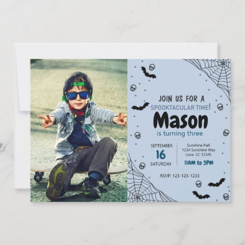 Blue Spider Halloween Birthday Invite with photo