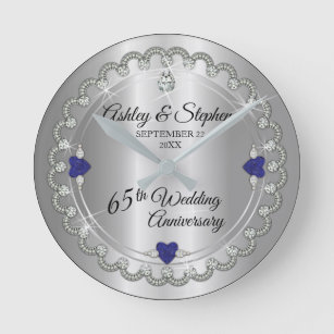 Blue Spinel Diamonds 65th Wedding Anniversary Round Clock