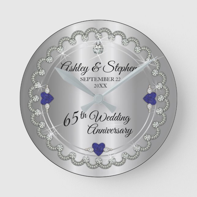Blue Spinel Diamonds 65th Wedding Anniversary Round Clock (Front)