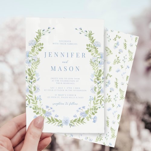 Blue sping flowers greenery wedding invitation