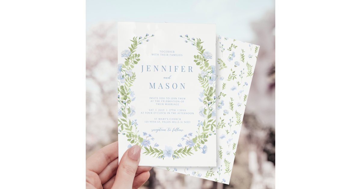 Blue Spring Invitations Blue sping flowers greenery wedding invitation | Zazzle