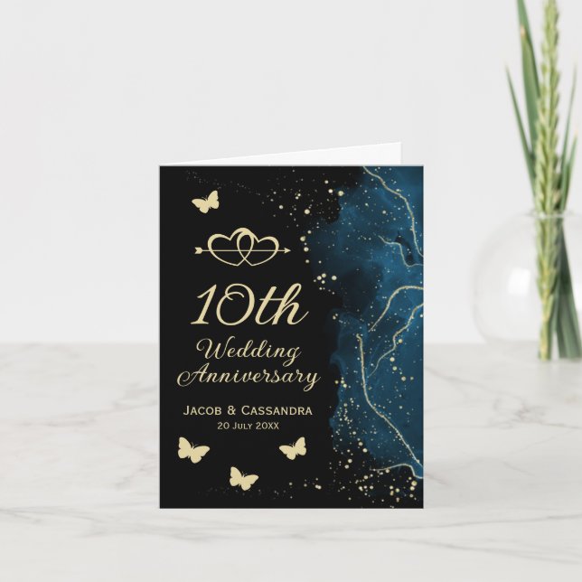 Blue Splash Gold Glitter Butterflies Anniversary Card (Front)