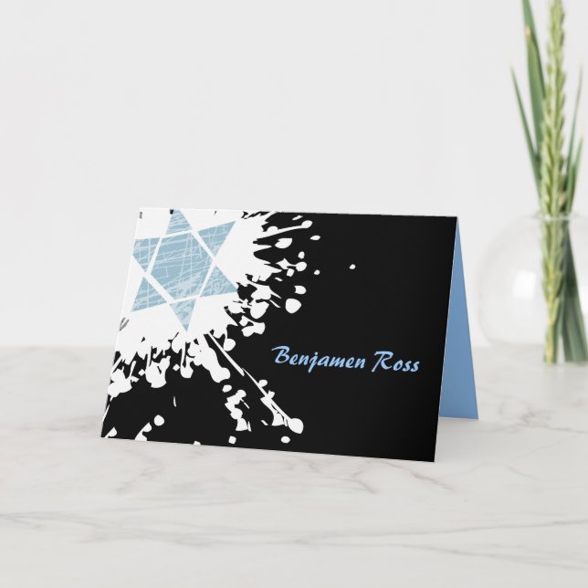 Blue Splatter Star Bar Bat Mitzvah Thank You Card (Front)