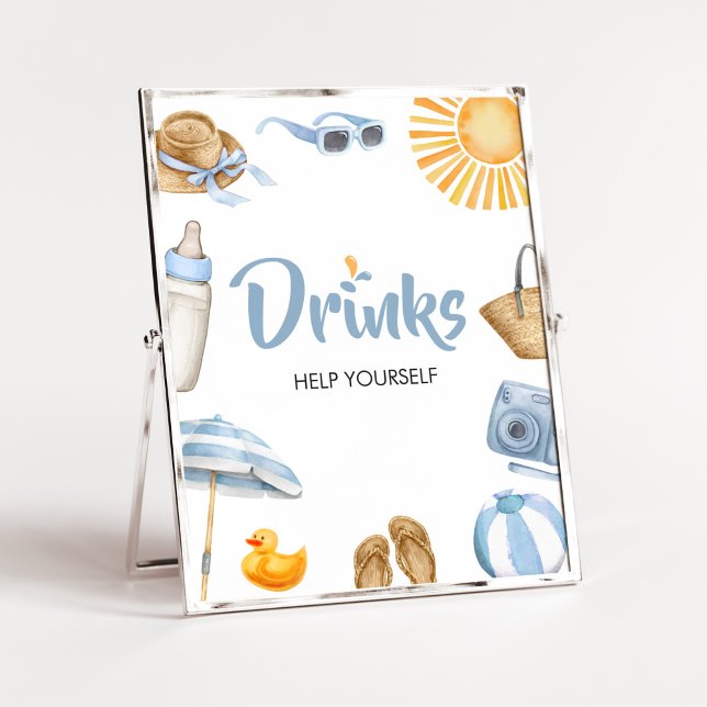 Blue Splish Splash Baby Shower Drinks Poster (Boy Summer Beach Baby Shower Drinks Sign)