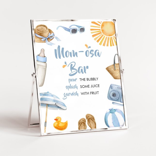 Blue Splish Splash Baby Shower Mom Osa Bar Poster (Boy Summer Beach Baby Shower Mom Osa Bar Sign)