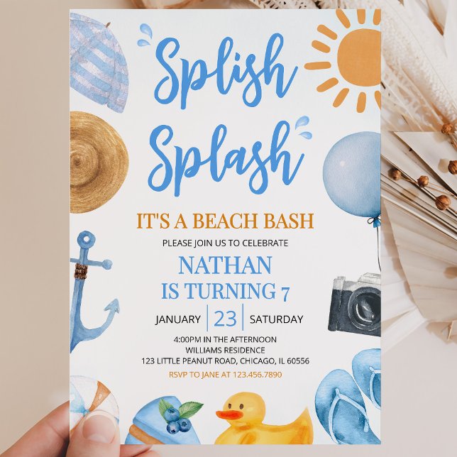 Blue Splish Splash Beach Bash Birthday Invitation (Creator Uploaded)
