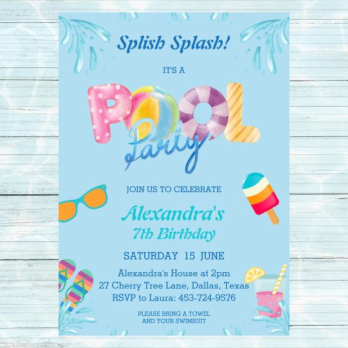 Blue Splish Splash Kids Pool Party Invitation