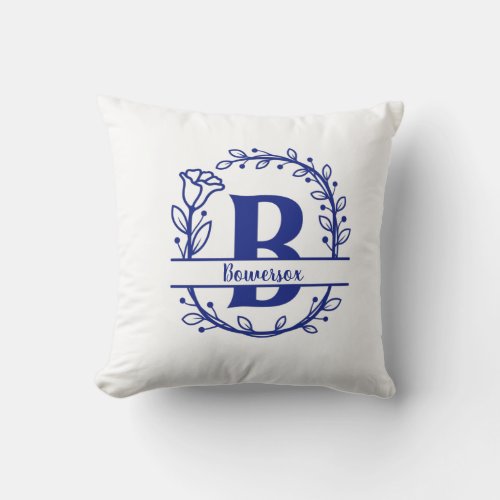 Blue Split Monogram Floral Monogram B  Throw Pillow