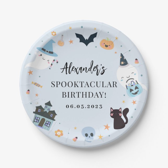 Blue Spooky Birthday Paper Plate (Front)
