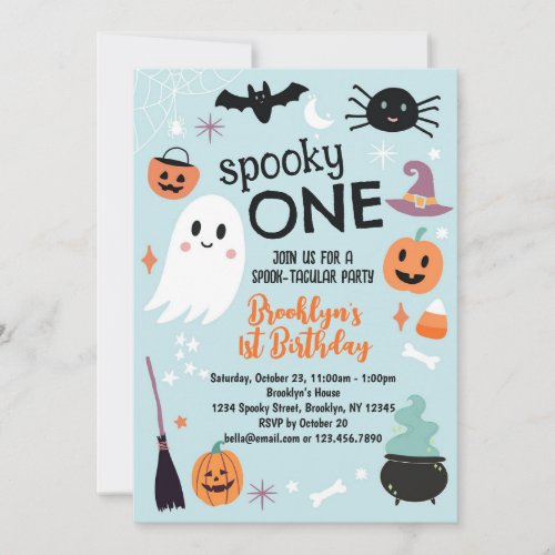 Blue Spooky ONE 1st Birthday Party Invitation