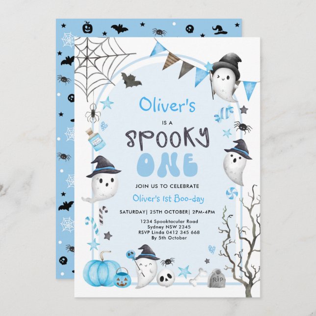 Blue Spooky One Cute Ghost Boy 1st Birthday Invitation (Front/Back)