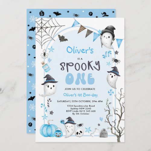 Blue Spooky One Cute Ghost Boy 1st Birthday Invitation