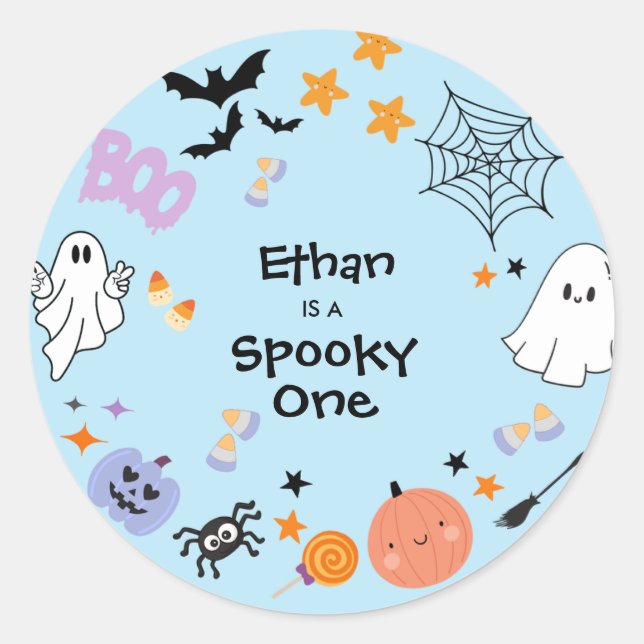 Blue Spooky One Cute Ghost Halloween 1st Birthday Classic Round Sticker (Front)