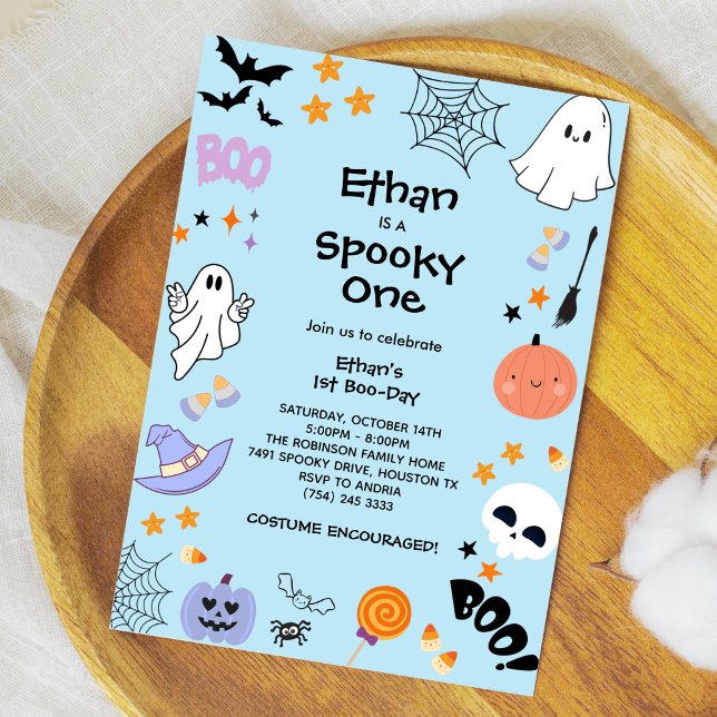 Blue Spooky One Cute Ghost Halloween 1st Birthday Invitation (Blue Spooky One Cute Ghost Halloween 1st Birthday Invitation )