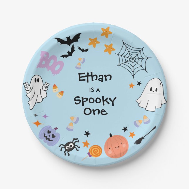 Blue Spooky One Cute Ghost Halloween 1st Birthday Paper Plates (Front)