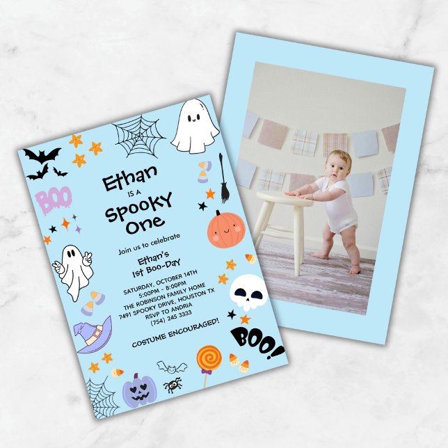 Blue Spooky One Cute Photo Halloween 1st Birthday Invitation (Blue Spooky One Cute Photo Halloween 1st Birthday Invitation )