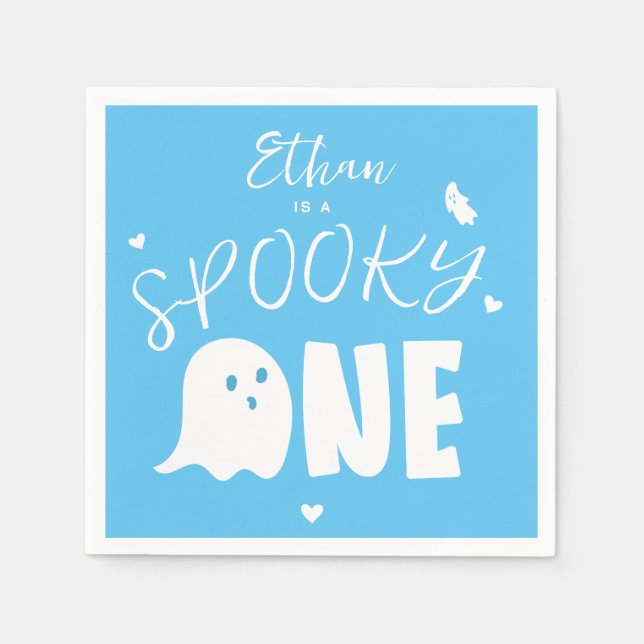 Blue Spooky One Ghost Boys First Birthday Napkins (Front)