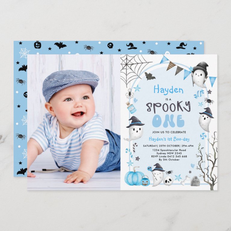 Blue Spooky One Halloween Ghost 1st Birthday Photo Invitation