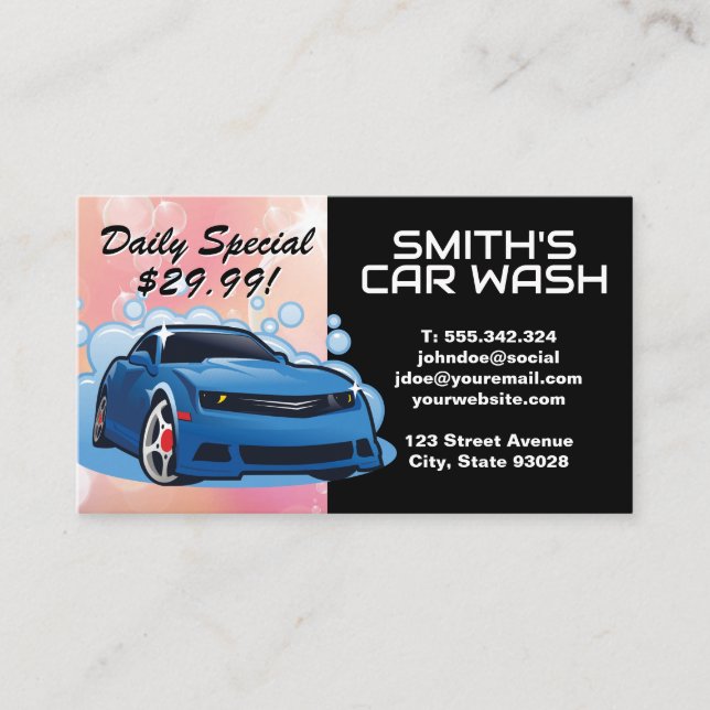 Blue Sports Car | Soap Bubbles | Auto Wash Business Card (Front)