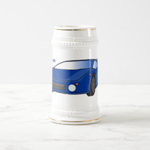 Blue sports car with airfoil illustration beer stein