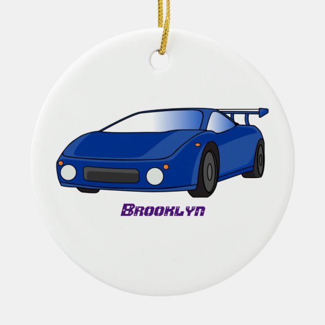 Blue sports car with airfoil illustration ceramic ornament (Front)