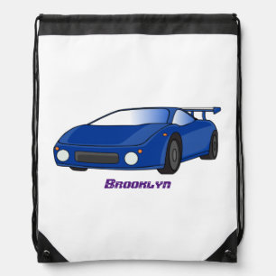 Blue sports car with airfoil illustration drawstring bag