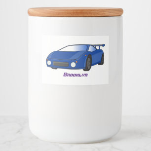 Blue sports car with airfoil illustration food label