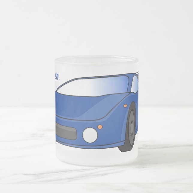 Blue sports car with airfoil illustration frosted glass coffee mug (Center)