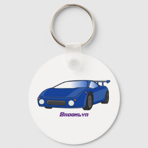 Blue sports car with airfoil illustration keychain