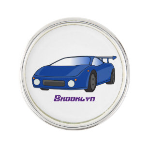 Blue sports car with airfoil illustration lapel pin