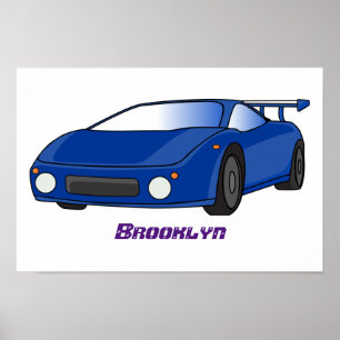 Blue sports car with airfoil illustration poster