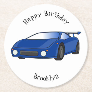 Blue sports car with airfoil illustration round paper coaster