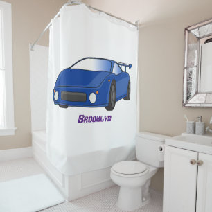 Blue sports car with airfoil illustration shower curtain