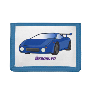Blue sports car with airfoil illustration trifold wallet