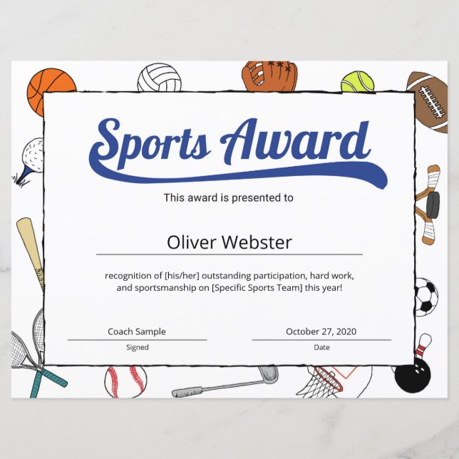 Blue Sports Certificate Templates Award (Front)