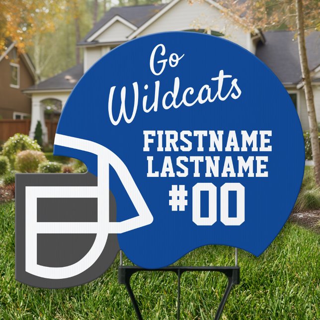 Blue Sports Football Mascot Name Number Helmet Sign (Custom Football Helmet Yard Sign - Victory Celebration Party Decor)