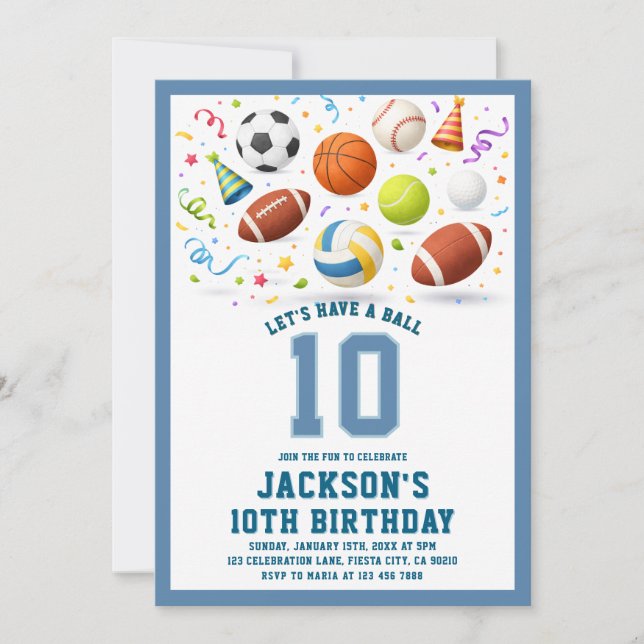 Blue Sports Let’s Have a Ball Birthday Invitation (Front)