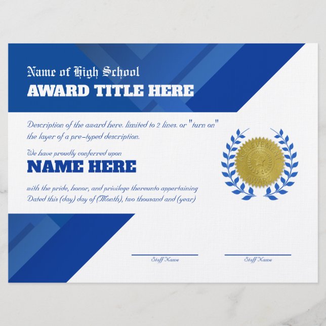 BLUE SPORTS Recognition Award Certificate Letterhead (Front)