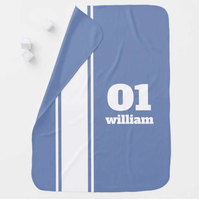 Blue Sports Stripe Monogram Baby Blanket (In Situ)