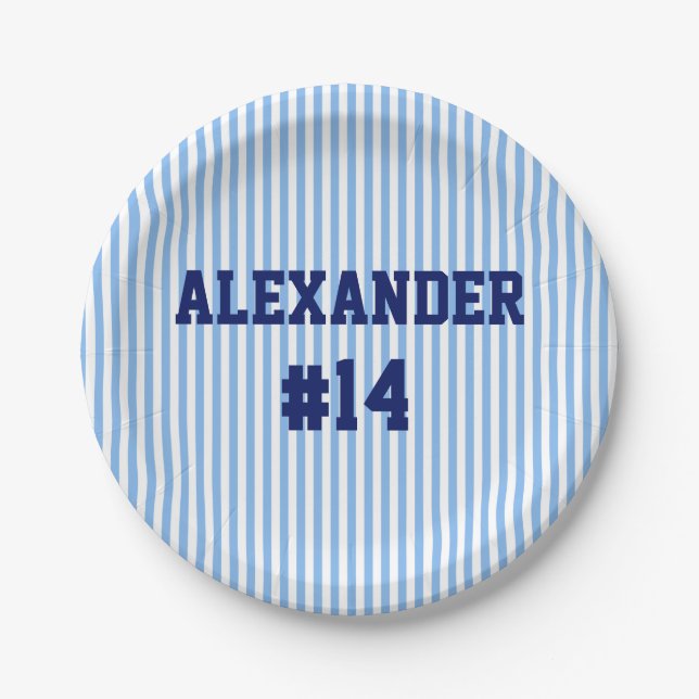 Blue Sports Striped Theme Birthday Paper Plates (Front)