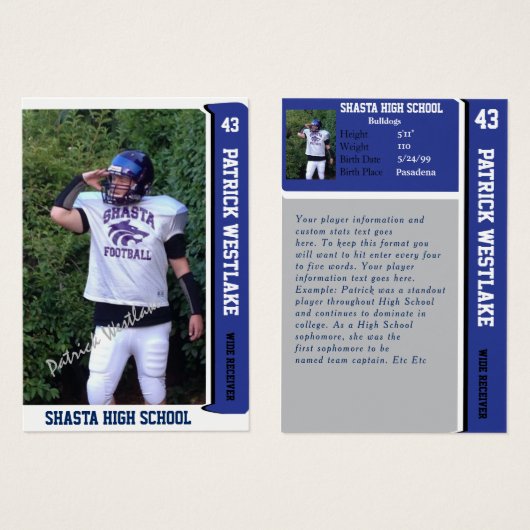Blue Sports Trading Card w/ Autograph (Front & Back)