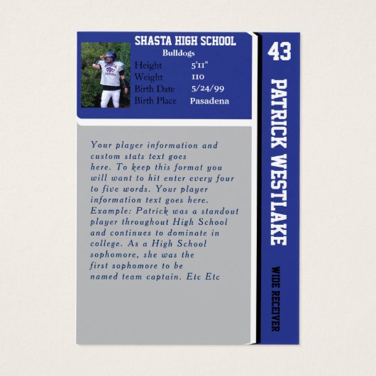 Blue Sports Trading Card w/ Autograph (Back)