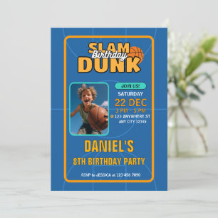 Blue Sporty Basketball Slam Dunk Kids Birthday Invitation