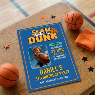 Blue Sporty Basketball Slam Dunk Kids Birthday Invitation