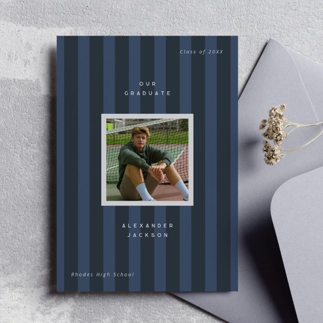 Blue Sporty Stripes Graduation Photo  Announcement (dark blue sporty stripes modern graduation photo announcement card)