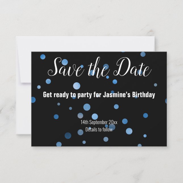 BLUE SPOT BALLOON ALL BLACK SAVE THE DATE RSVP CARD (Front)
