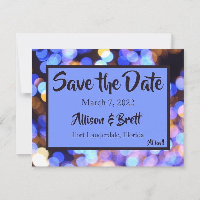 Blue Spot Lights Save the Date Card (Front)