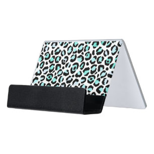 Blue Spots Turquoise Pink Faux Leopard Skin Desk Business Card Holder