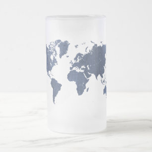 Blue Spray Painting World Map Frosted Glass Beer Mug