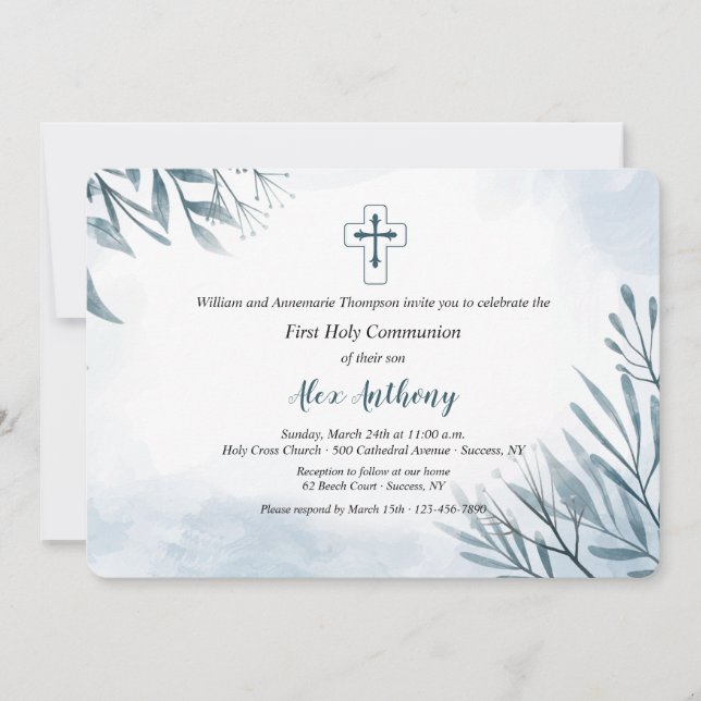 Blue Sprigs Religious Invitation (Front)